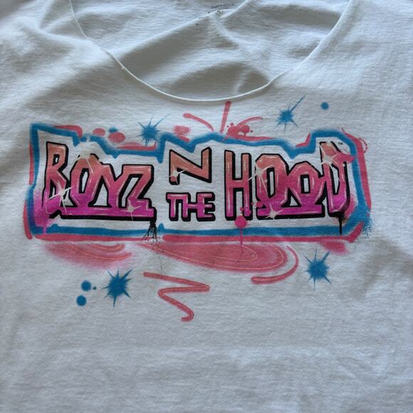 Boyz N The Hood Airbrush Graffiti Tee White Slouchy Off-Shoulder XL Y2K - Picture 5 of 5